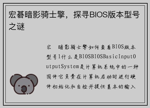 宏碁暗影骑士擎，探寻BIOS版本型号之谜